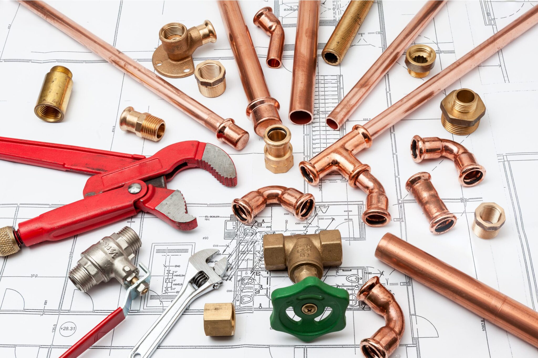 Copper pipes, fittings, valves, and plumbing tools in Red Oak