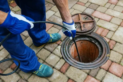 Plumber cleaning an outdoor sewer drain in Red Oak
