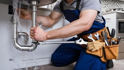Technician using electronic equipment to detect a plumbing leak in Red Oak