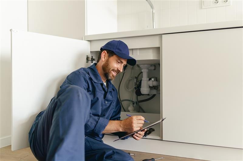Residential plumber reviewing plumbing repairs in a Red Oak kitchen