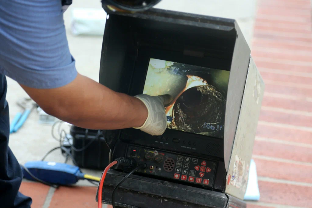 Technician viewing a drain inspection camera in Red Oak
