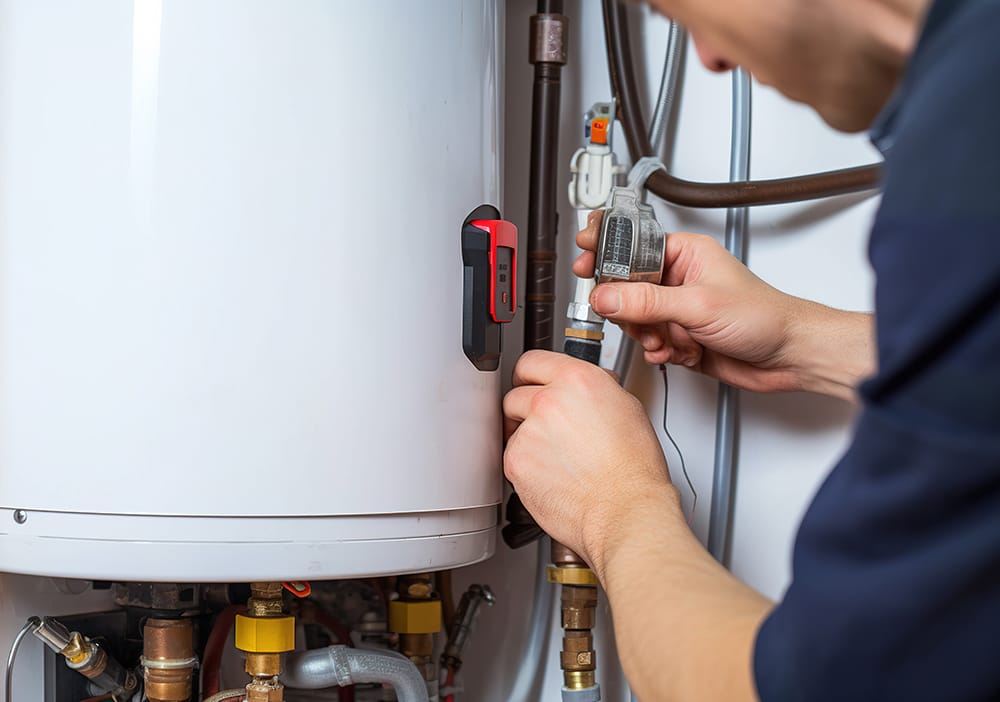 Technician repairing pipes connected to a water heater in Red Oak